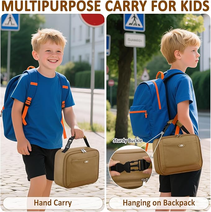 Lunch Box Kids Insulated Lunch Bag for Boys Girls Cute Reusable Lunch Tote Bag Waterproof Portable Thermal Lunch Box Kids for School Picnic Travel Khaki