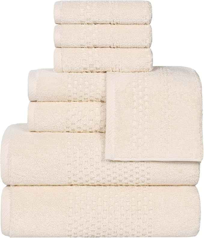 Superior Playa Zero Twist Cotton Medium Weight Towels, for Guest Bath, Bathroom, Shower, Spa, Plush, Quick Dry, Ultra-Soft Towels, Bath Essentials, Waffle Textured, 8 Piece Assorted Towel Set, Ivory