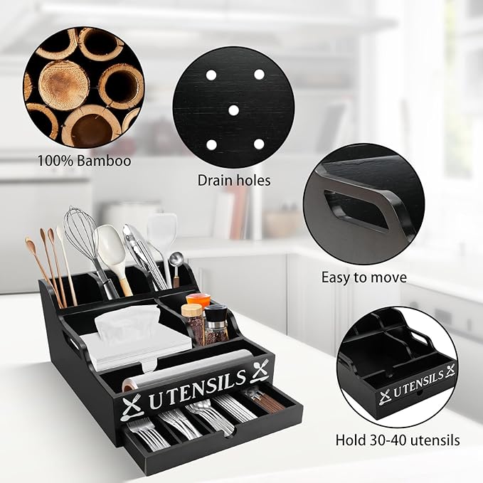 Large Kitchen Utensil Holder with Drawer Organizer, Bamboo Silverware Organizer for Countertop, Cutlery Tray with Dividers for Flatware Spoon Forks Knives Cooking Tool (Black)
