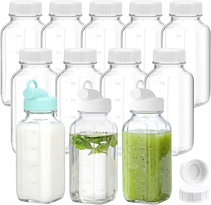 CUCUMI 12 Pack 16 Oz Glass Milk Bottles with Lids, Glass Juice Bottles with Scale & Silicone Pour Spout, Reusable Juice Containers Square Drinking Jars for Milk, Coffee, Smoothies, Water