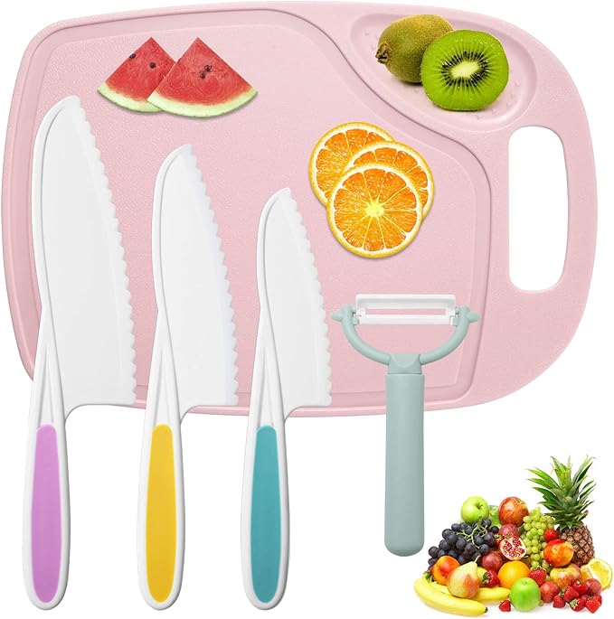 Plastic Fruit Knife Set with Cutting Board & Peeler: 5-Piece Safe Nylon Food-Grade Kitchen Kit for Safe Fruit & Veg Prep, Serrated Edges Lettuce Knife for Fruit, Bread, Cake, Salad