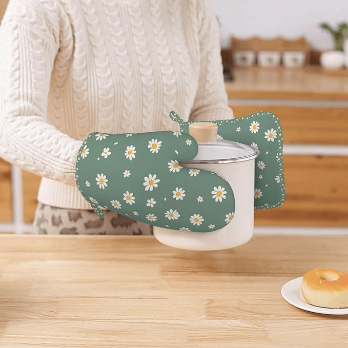 Oven Mitts and Pot Holders Daisy Flower Green Silicone Kitchen Accessories Set of 4 Heat Resistant Long Gloves Potholder Non-Slip Grip for Chef Cooking Baking Grilling BBQ