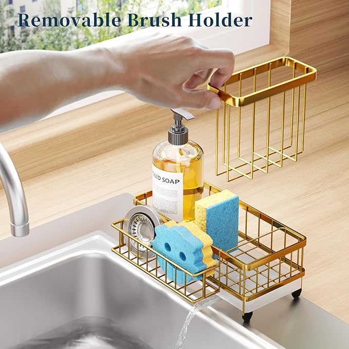 Consuemst Sponge Holder for Kitchen Sink - Auto Draining Sink Caddy Organizer with Detachable Rack, High Brush Holder, Kitchen Countertop Storage Accessories, Gold