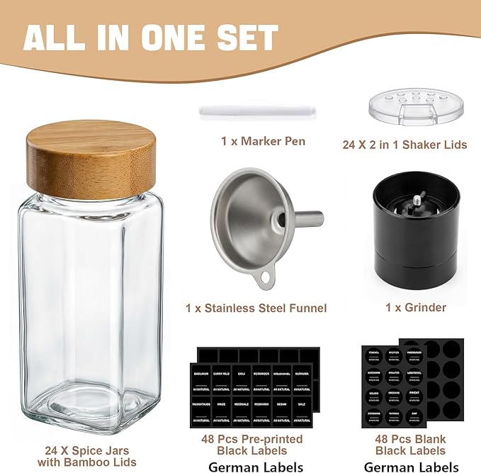 24 Pack Square Glass Spice Jars with Bamboo Lids, 4oz Spice Containers with Shaker Inserts and Labels, Airtight Seasoning Organizer for Spice Rack, Cabinet, Drawer - Grinder & Funnel Included