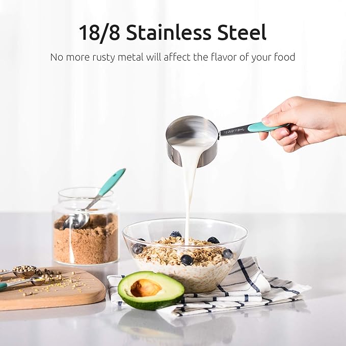 U-Taste 18/8 Stainless Steel Measuring Cups and Spoons Set of 10 and 600ºF Heat Resistat Silicone Flexible Baking Spoon Spatula & Cooking Scoop Spoonula (Aqua Sky)