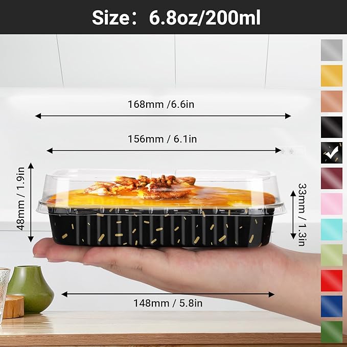 EUSOAR Mini Cake Pans with Lids, 25pcs 6.8oz 6.5"x2.5"x1.2" Aluminum Foil Mini Loaf Cake Baking Cups Pan with Lids，Disposable Creme Brulee Ramekins Baking Cups Containers, Dessert Cheesecake Pan Cups