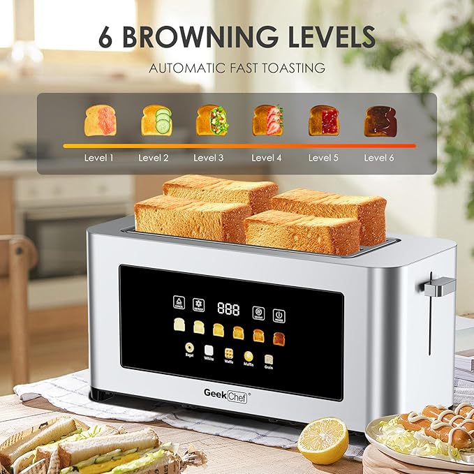 Geek Chef Long Slot Toaster 4 Slice, 1.5" Touch Screen Extra Wide Slots for Bagels & Waffles, 6 Browning Levels, Timer, Reheat, Defrost, Cancel Function, Removable Crumb Tray, Stainless Steel