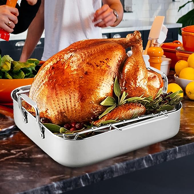 QPMR 16.5inch Roasting Pan with V-Shape Rack - Stainless Steel Large Turkey Roaster Pan for Turkey, Chicken, Ham Roaster with V-Shaped Baking Rack Heavy Duty Dishwasher Safe, Hold up to 22LB