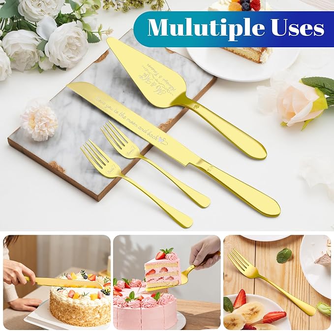 Eisinly Cake Cutting Set for Wedding, Elegant Cake Knife and Server Set with Stainless Steel Forks, Cake Cutter and Pie Spatula for Engagements, Anniversary, Bride and Groom, 4Pcs, Gold