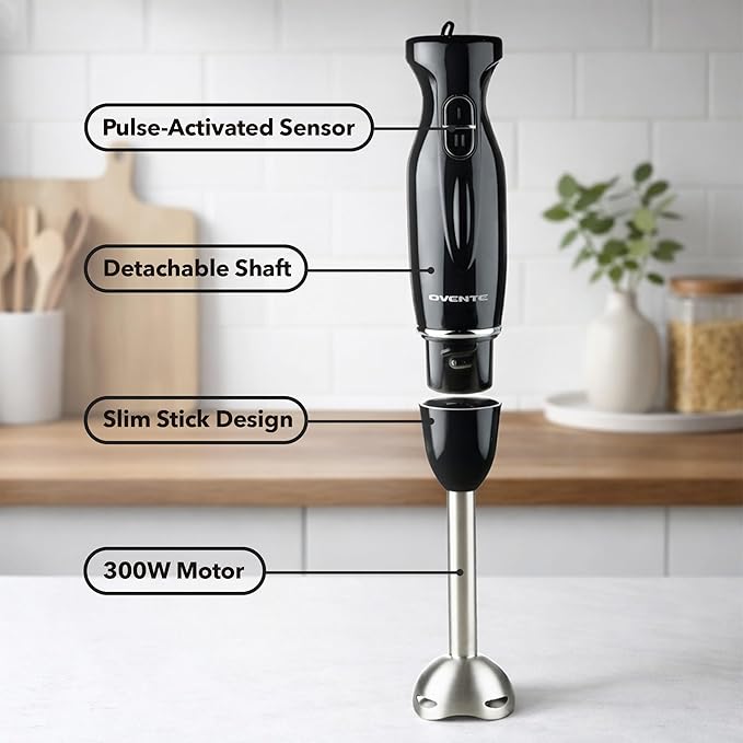 OVENTE Immersion Hand Blender, 300W Electric Handheld Stick Mixer with 2 Mixing Speeds and Stainless Steel Blades for Smoothies, Purees & Baby Food, Black HS560B