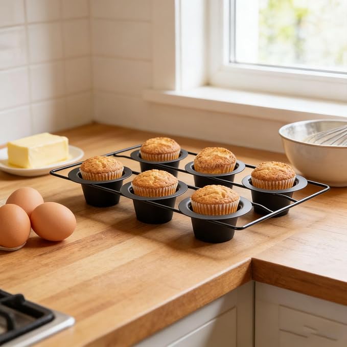 6 Cup Popover Pan, Premium Carbon Steel Easy To Clean Non Stick Cupcake Pan Round 8.9X15.9X2.2Inch Popover Cake with Wire Rack for Pudding, Muffins, Popovers