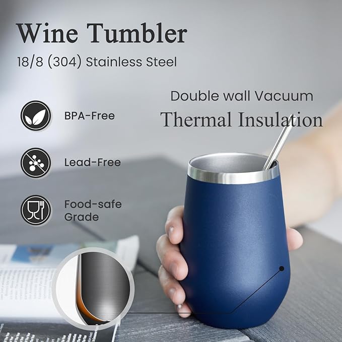 MEWAY 12oz Stainless Steel Wine Tumbler with Lid - Double Wall Vacuum Insulated Swig cups for Hot and Cold Drinks, Ideal for Coffee, Wine, Beer, gifts for Women under 10 dollars(Navy,Set of 12)