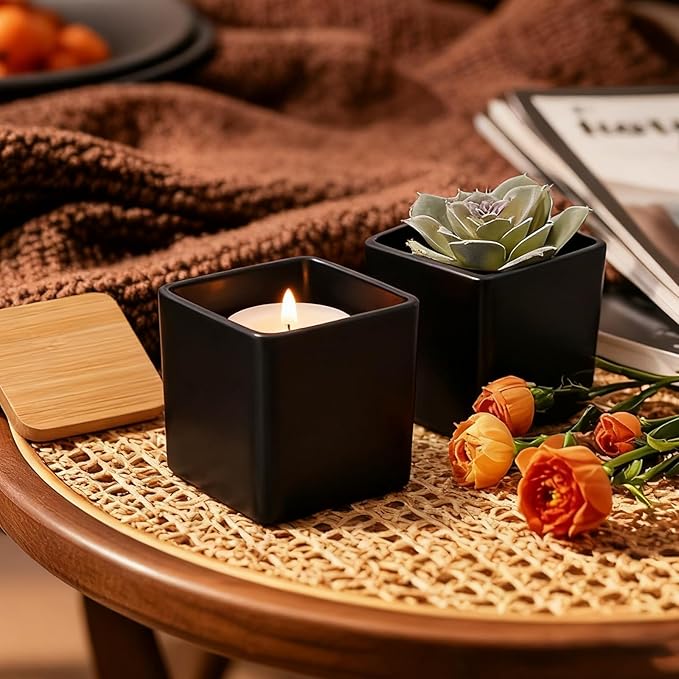 CONNOO 12 Pack 9 OZ Matte Black Square Candle Jars for Making Candles, Thick Glass Bulk Empty Candle Containers with Airtight Bamboo Lids for Candle Making, Sticky Warning Labels - Dishwasher Safe