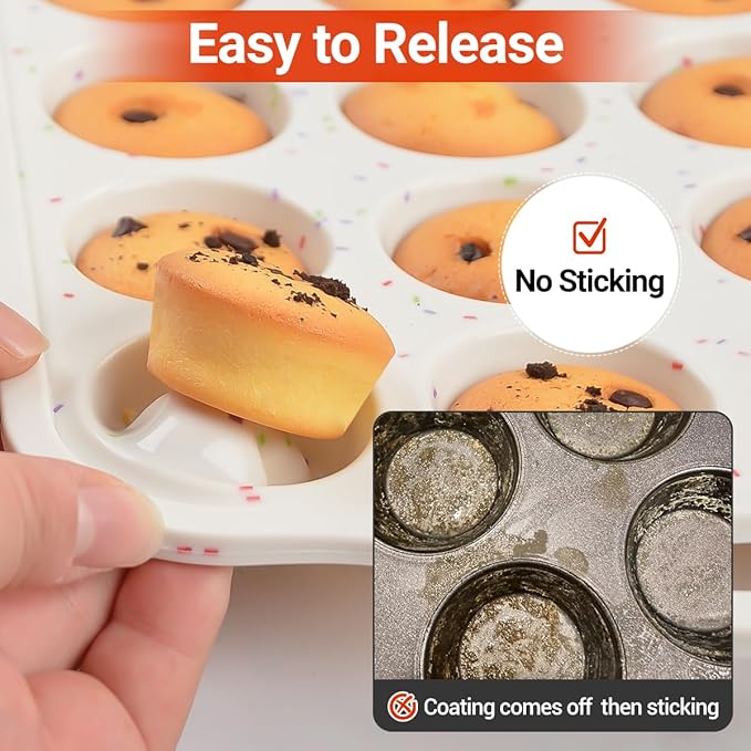 CAKETIME Silicone Muffin Pans for Baking, Metal Reinforced Frame Regular 12 Cups & Mini 24 Cups Cupcake Pan Set Nonstick Muffin Pan for Homemade Baking Easy to Handle
