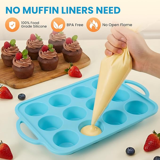2Pack Silicone Muffin Pan for Baking with Metal Reinforced Frame, 12 Cup Regular Size Cupcake Pan, BPA Free Silicone Muffin Tray, Cupcake Baking Pan Molds for Oven Dishwasher Safe - Blue