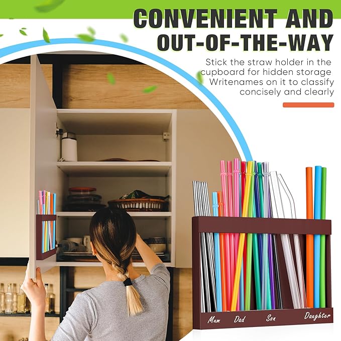 Qinyoung Acrylic Straw Holder for Cabinet Door with Double Sided Adhesive Tape Reusable Straw Organizer Tumbler Storage Kitchen Accessories Container for Counter Cupboard(Classic,Large,Brown)