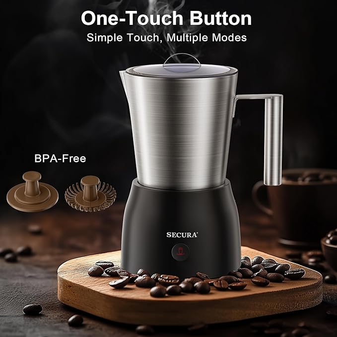 Secura 17oz Electric Milk Frother and Steamer, Stainless Steel Detachable Milk Jug, 4-in-1 Hot & Cold Foam Maker for Latte, Cappuccino & Hot Chocolate, BPA & Teflon-Free, Dishwasher Safe
