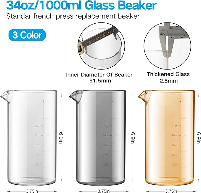 YMMIND Standard Universal Design 34 oz French Press Replacement Glass Beaker, Fits Most Brands French Press Coffee Makers (1Quart / 1000ml / 5-6 Cup) Coffee Press Borosilicate Glass Bottle