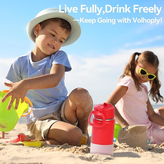 Volhoply 14oz KIds Stainless Steel Insulated Leakproof Water Bottle with Straw Lid and Silicone Boot,BPA-Free Easy Use for Boys&Girls,Double Wall Vacuum Bottles(Red,1)