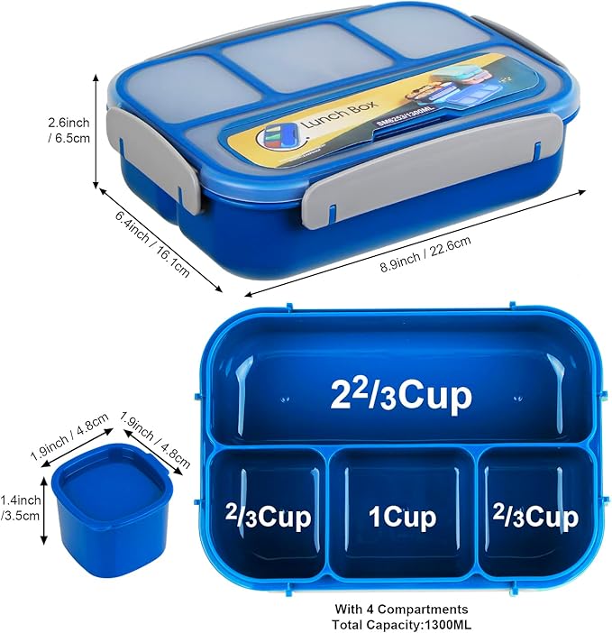 MaMix Bento Box Adult Lunch Box, Lunch Box Kids, Lunch Containers for Adults/Kids/Students,1300ML-4 Compartment Bento Box (bright blue)