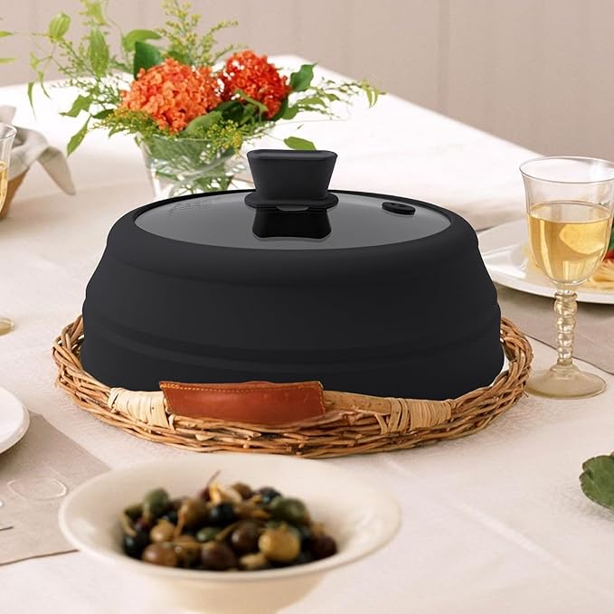 Microwave Splatter Cover Microwave Cover for Food 9 Inch Collapsible Glass Microwave Cover with Handle Silicone microwave splatter cover for Home Kitchen (Black)