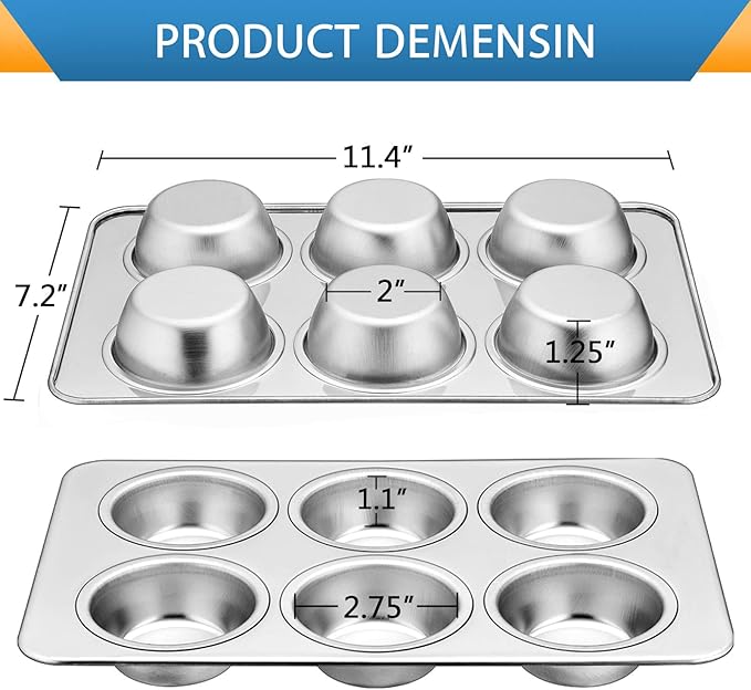 E-far Muffin Pan Set of 4, Stainless Steel Muffin Pan Tin for Baking, 6-Cup Metal Cupcake Pan Tray, Non-toxic & Healthy, Oven & Dishwasher Safe, Regular Size - 11.44 x 7.12 x 1.25 Inch