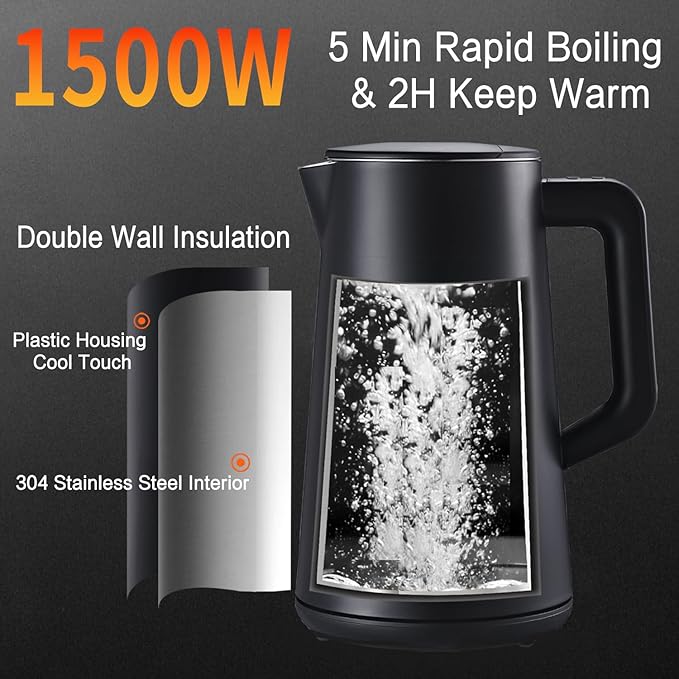 1.5L Electric Kettle Stainless Steel, Double Wall Cool Touch Teapot, Fast Boil, Precise Temperature Control, LCD Display, Auto Shut-Off, BPA-Free,Keep Warm Function, Ideal for Tea,Black