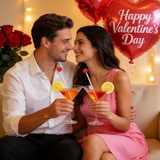 100 Pcs 6 Inch Red Heart Shaped Valentine's Day Wooden Swizzle Sticks, Cocktail & Coffee Drink Stirrers, Rock Candy Sticks, Cake Pop Sticks, Lollipop Sticks for Anniversary, Wedding Party