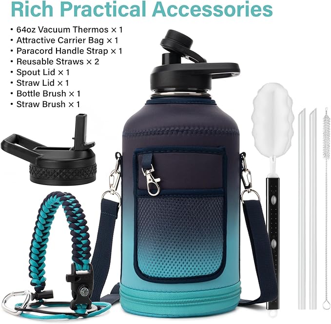 DYSANKY Insulated Water Bottle | Thickened Stainless Steel Vacuum Metal | Portable Sports Half Gallon Large Water Jug for Gym and Hiking with Straw, Carrier Bag, Handle Strap | BPA-Free 64 oz