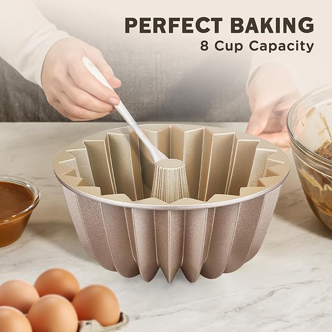 KITESSENSU Non-Stick Cake Pan, 9.5-Inch Aluminum Cake Mold, 8 Cup Fluted Heavy Duty Tube Pan, Durable Rust & Scratch-Resistant, Baking Mold for Jello, Gelatin, Chocoflan, Flan, French Wreath,Gold