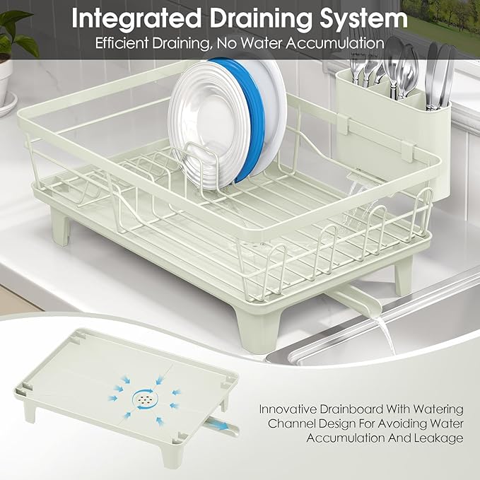 Urackify Dish Drying Rack for Kitchen Counter, Sink Dish Rack with Drainboard, Large Dish Drainer with Cups Holder, Home Countertop Plate Dryer Storage Rack with Cutlery Holder, Soft Celery Green