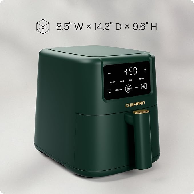Chefman Air Fryer – 4-in-1 Slim 3.5 QT Airfryer, Air Fry, Bake, Dehydrate, Frozen, 450°F Max Temp for Extra Crispy Results in Minutes, Nonstick Ceramic Coating, Dishwasher-Safe Accessories - Green