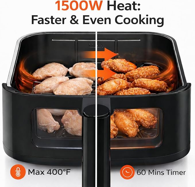 Simple Deluxe 8-in-1 Air Fryer 4 Qt, Digital Preset Airfryer with Visible Window, Nonstick and Dishwasher-Safe Basket for Chips, Bake, Wings, 60-Min Timer, 1500W, White