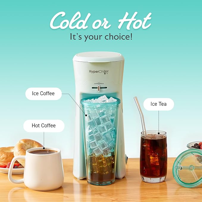 HyperChiller EHC824 Iced & Hot Coffee Maker, Adjustable Flow/Strength Lever, Includes 20 Oz. Tumbler & Reusable Straw, Compatible with Coffee Grounds, Removable, Reusable Mesh Filter, Mint