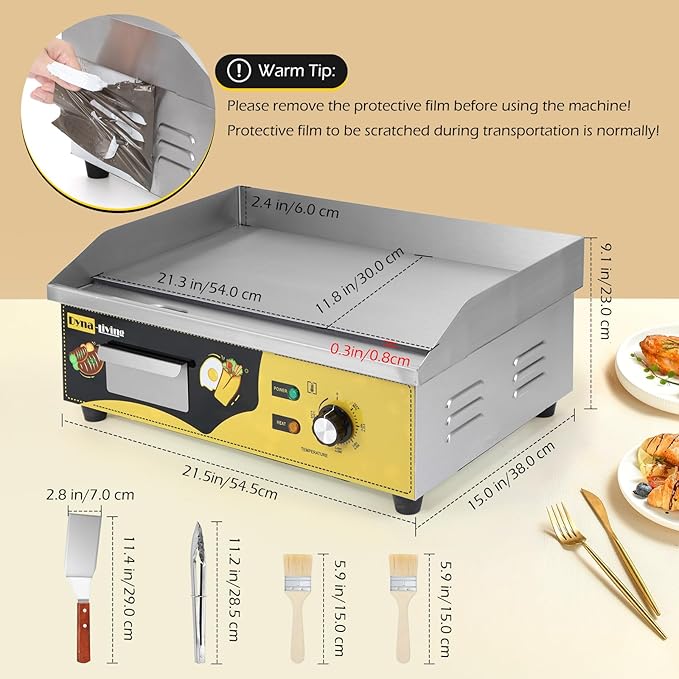 Dyna-Living Commercial Electric Griddle 22'' Stainless Steel Countertop Griddle 3000W 110V Flat top Grill Electric for Home Kitchen, Restaurant, 122℉-572℉ Temperature Adjustable