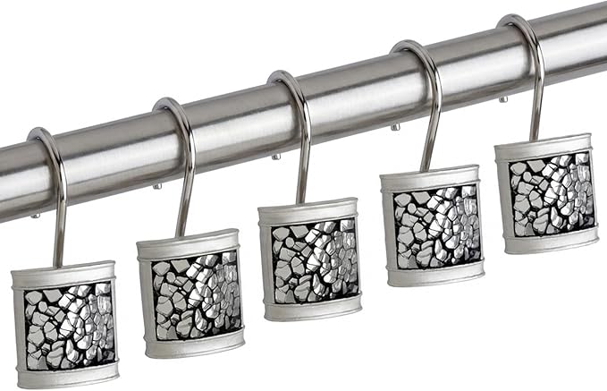 Creative Scents Crackled Glass Shower Curtain Hooks Decorative Set of 12 Silver Shower Curtain Rings for Bathroom Shower Rod - Elegant Crackled Glass Silver Bathroom Accessories