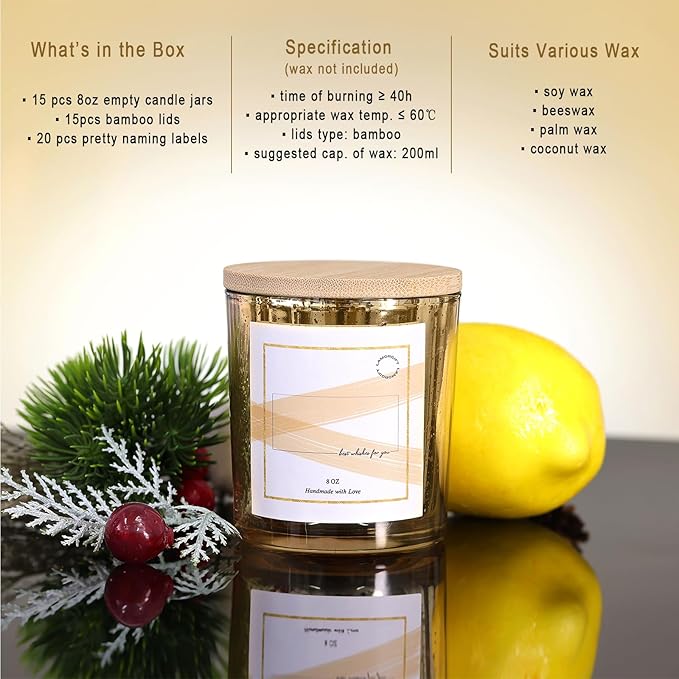 LAMORGIFT 15 Pack Glass Candle Jars With Lids (8oz, Gold) - Empty Containers for Making Candles - Mercury Glass Jars With 20 Pcs Labels - Accessories Included