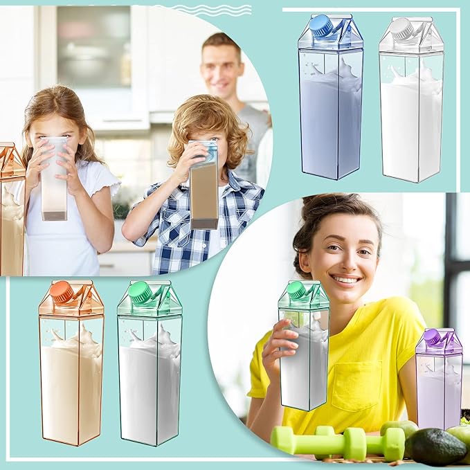 Foaincore 20 Pcs 17 oz Clear Milk Carton Water Bottles Bulk Plastic Square Milk Bottles Portable Reusable Leakproof Cup for Outdoor Fitness Gym Travel Camping Sports(Multi Color)