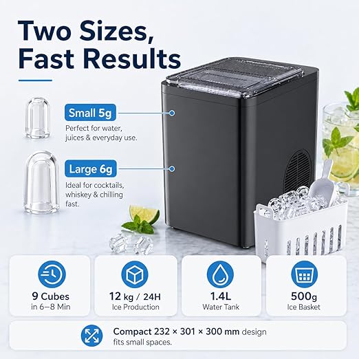 Countertop Ice Maker Machine, 9 PCS/ 6Mins Compact Nugget Ice Maker, 2 Size Ice Cube, Self Cleaning, for Home Kitchen Office Bar RV Apartment Camping White