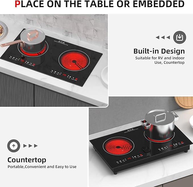3000w Electric Cooktop, 24" Electric Stove 2 Burner Hot Plate Built-in Double Burner Cooktop with LED Touch Screen,9 Heating 9 Temperature,Kids Lock & Timer,Suitable for all Pans