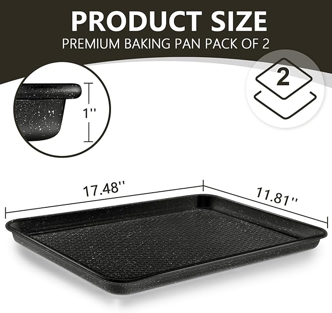 Wildone 2 Pack Half Sheet Baking Pans, Honeycomb Embossed Nonstick Baking Sheet 17.5x12 In, Thicker Carbon Steel Cookie Sheet, Even Heating & Warp Resistant, Black