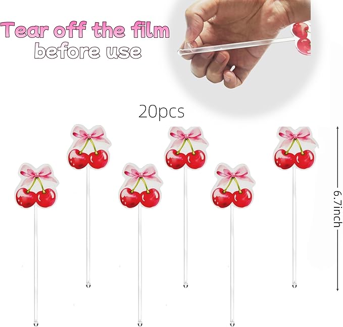 Cherry Birthday Party Cocktail Drink Stirrers, 20 pcs Cherry Drink Stirrers for Bachelorette Party Decoration, Boots and Bows Themed Swizzle Drink Sticks for Disco Cowboy Party Supplies (Cherry)