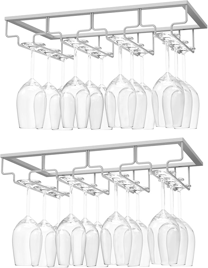 Nuovoware Wine Glass Rack, [2-Pack] Wine Glass Hanger Rack Under Cabinet Stemware Holder Storage Hanger for Bar Kitchen Cabinet (4 Rows), Silver