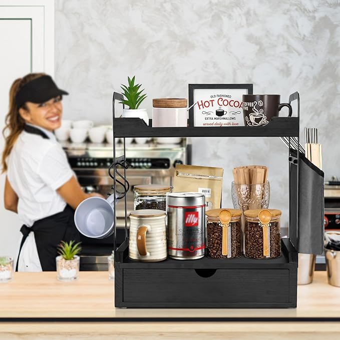 Coffee Bar Accessories and Organizer, 2-Tier Coffee Station Organizer, Wood Kitchen Countertop Organizer with Bag and Hooks, Coffee Pod Holder for Coffee Bar Decor, Syrup Snack Organizer