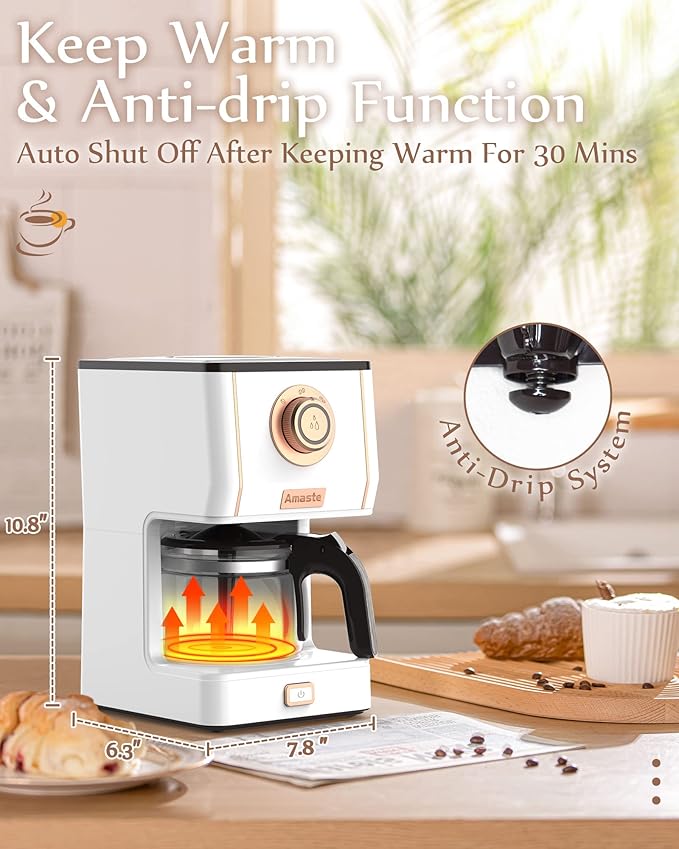 Amaste Retro Style Coffee Machine with 25 Oz Glass Coffee Pot, Reusable Coffee Filter & Three Brewing Modes, Warming Plate, Elegant White with Rose Gold