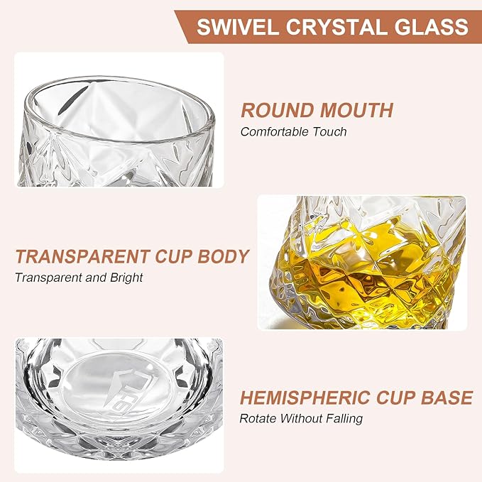 Rotatable Old Fashioned Glass, 275ml/10oz Crystal Whiskey Glass Set of 4, Wood Coaster, Thickening, Used as Rum Glass, Cocktail Cup, Coffee Cup, Milk Cup to Relax and Reduce Stress, Christmas gifts