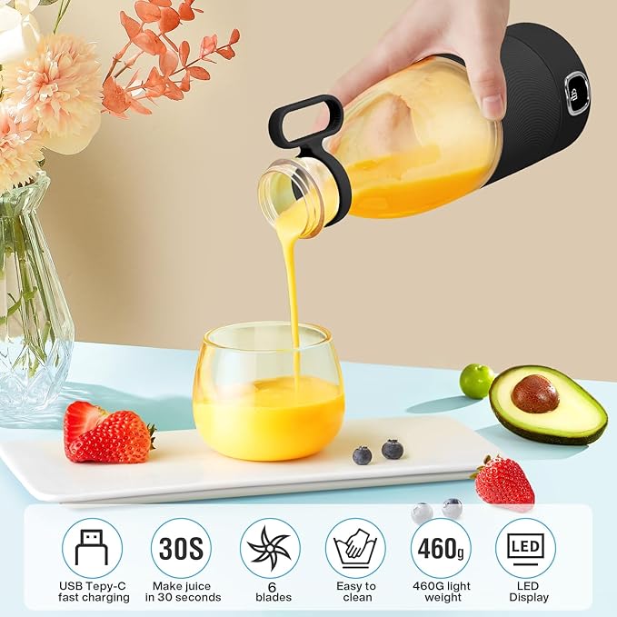 MIAOKE Portable Blender, 6 Blades Juicer Cup for Juice Shakes and Smoothies 350ml Mini Blender with Led Display Usb Rechargeable,3000Mah Rechargeable Battery, for Home Sports Outdoors Travel-Black