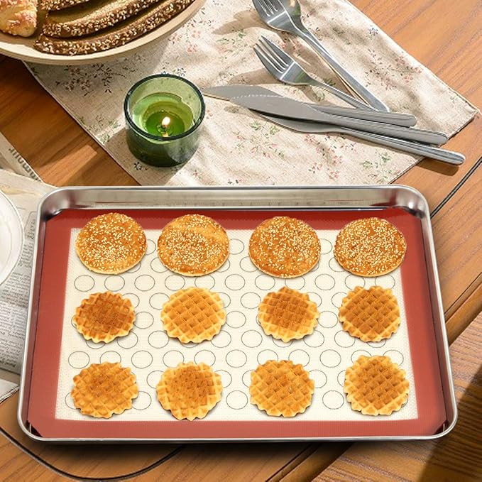 Wildone Baking Sheet with Silicone Mat Set, Set of 4 (2 Sheets + 2 Mats), Wildone Stainless Steel Cookie Sheet Baking Pan with Silicone Mat, Size 12 x 10 x 1 inch, Non Toxic & Heavy Duty & Easy Clean