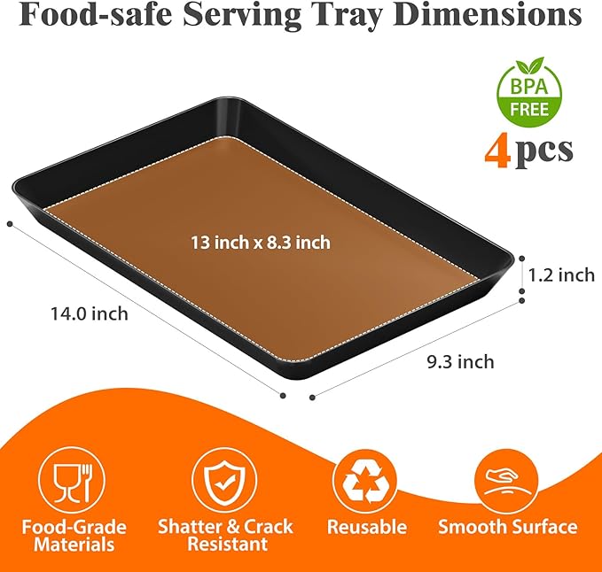 SpaceTrove 4-Pack Serving Tray Set, Reusable Plastic Serving Platter for Party Supplies, Entertaining, Grilling Accessories, Stackable Kitchen Snack Box Container for Dessert, Fruit, Cookie, (Black)