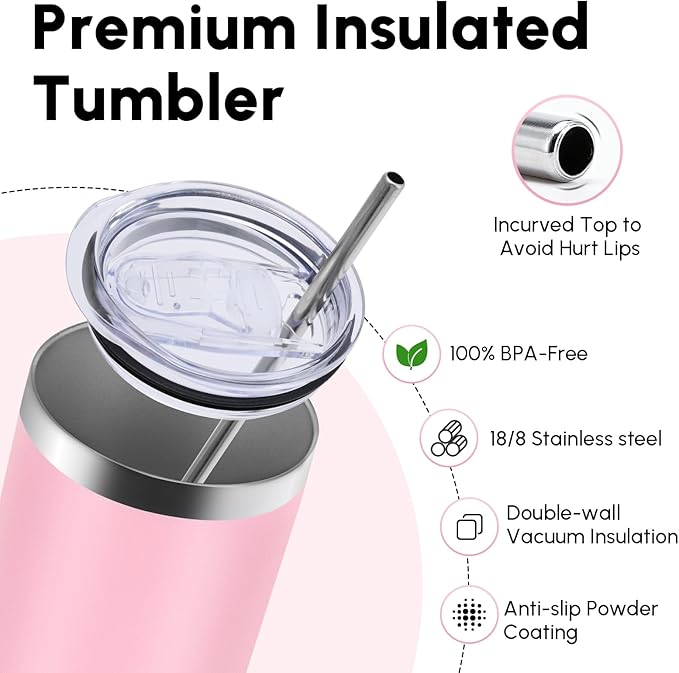 Volhoply 20 oz Skinny Tumbler with Lid and Straw, Stainless Steel Straight Tumblers Cup, Vacuum Insulated Coffee Mug for Home, Office, Travel, DIY (Pink,1 Pack)